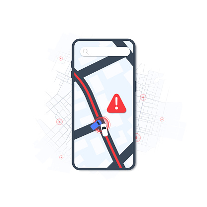 Accident on road and your route. Online mobile application track closed turns on road, highway disruptions and traffic detours on map. Location tracks dashboard. Generic city map with streets and houses. Vector illustration