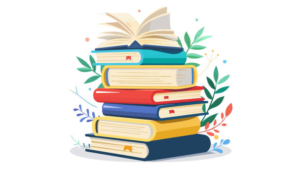 ilustrações de stock, clip art, desenhos animados e ícones de vector illustration of several colorful books stacked, with flowers, no background, book day, joint reading, creative imagination concept, flat style vector illustration. open book fantasy literature - livros