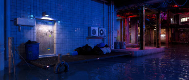 istock Wide panoramic dystopian future cyberpunk concept environment background. 3D render. 2149935957