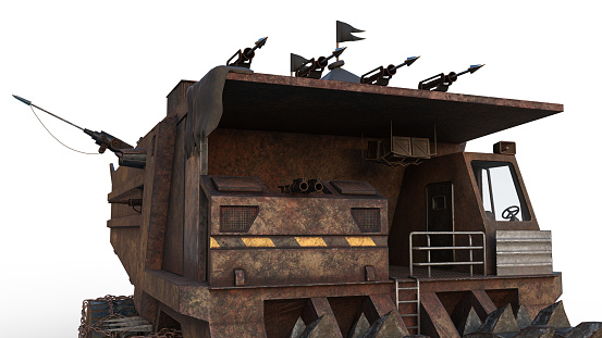 Armoured post apocalyptic fantasy wasteland vehicle with guns and spear launchers. Isolated 3D illustration.