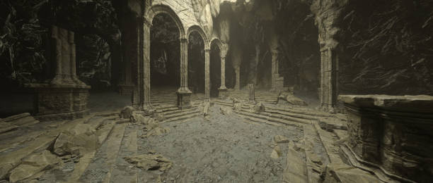 istock Fantasy old medieval temple ruin in a rocky mountain cave with crumbling stone columns. Wide cinematic 3D illustration. 2149935976