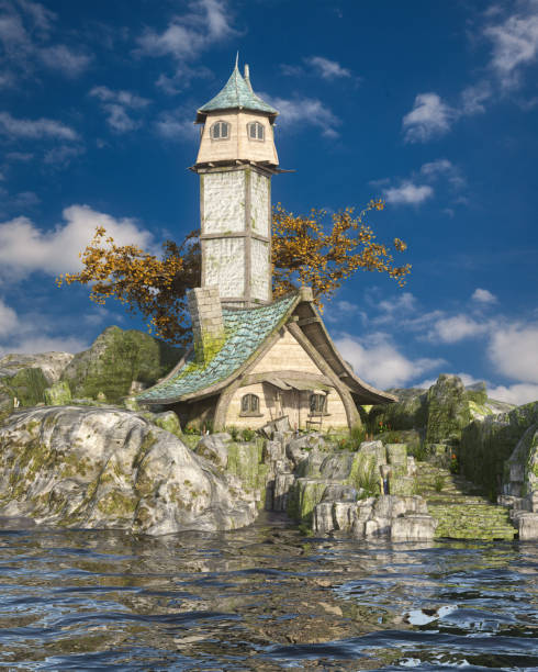 istock Fantasy cottage with a tower on an island by the sea. 3D render. 2149936025