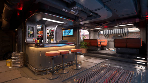 Fantasy future cyberpunk saloon bar interior in the evening. 3D illustration