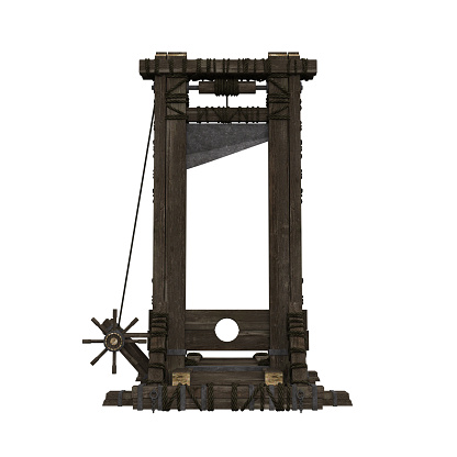 Medieval guillotine with wooden frame, an ancient execution machine for capital punishment. Isolated 3D rendered illustration.
