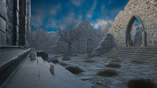 istock 3D render of an empty courtyard in a medieval abbey ruin with gothic archway and human bones lying on the ground. 2149936075
