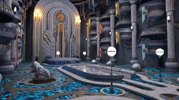 istock Balconies overlook a stage in a huge science fiction fantasy alien building interior. 3D render. 2149936088