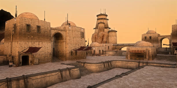 istock Outpost settlement buildings on a fantasy alien desert planet. 3D render. 2149936112