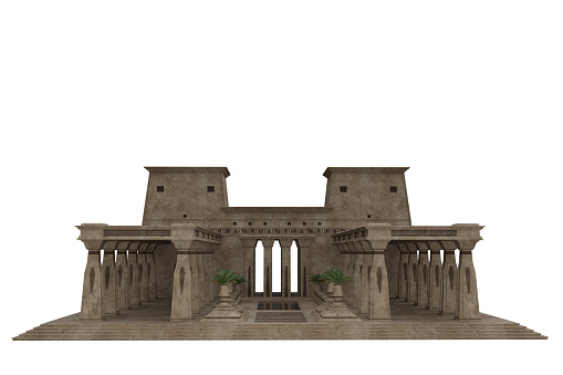 Ancient Egyptian royal palace or temple building with stone columns. Isolated 3D render.