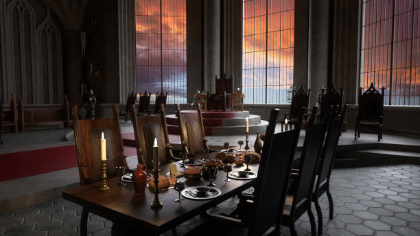 istock Dining table set for a banquet in an old medieval royal throne room. 3D rendered illustration. 2149936168