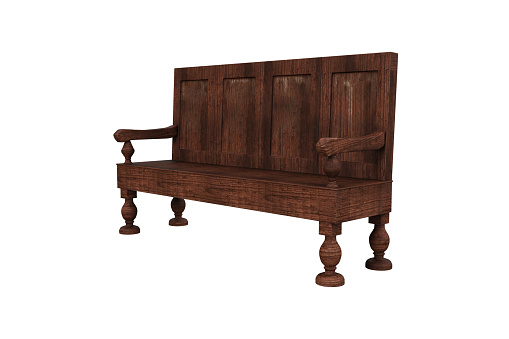 Old wooden medieval bench seat in perspective view. 3D rendered illustration isolated on white background.