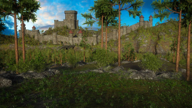 istock Old medieval castle in a highland landscape surrounded by forest. 3D render. 2149936190