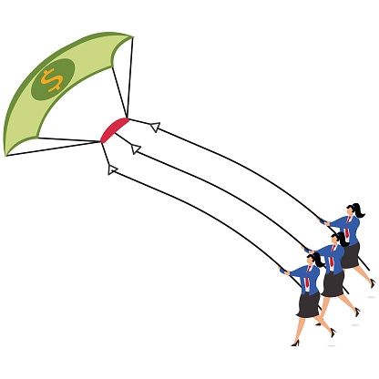 Three businesswomen pulling and rising banknote kites together, currency appreciation, international monetary policy, international currency exchange rate regulation