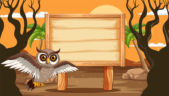 Cartoon owl next to a wooden sign in forest