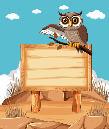 Cartoon owl perched on an empty signboard