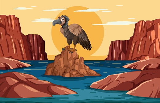 Cartoon vulture perched on a rock at sunset