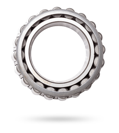 Shiny metal single row round roller bearing designed to absorb radial and one-sided axial loads of the vehicle. Sale of spare parts or repair in a workshop or car service.
