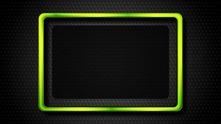 Black perforated background with green glossy rectangle frame