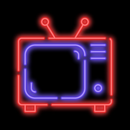 Glowing old tube TV with portable antenna. Equipment for broadcasting television programs and reports. Night advertising sign element. Glowing neon icon isolated on black background