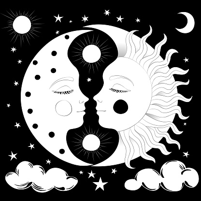 A simple yet mysterious black-and-white vector drawing depicting the sun and moon, exuding whimsical charm with intricate details