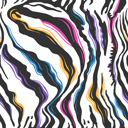 A vibrant and eye-catching zebra print pattern featuring a variety of bright colors. Seamless vector pattern for apparel, textile, wrapping paper, etc.