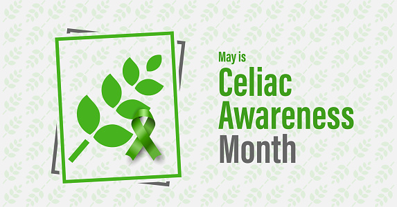 Celiac awareness month campaign banner. Gluten-free diet advocacy campaign. Wheat icon pattern and green ribbon.