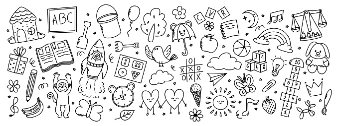 Daycare hand drawn elements. Rocket, hopscotch, toys, book, balloon, house, fruits and other elements.