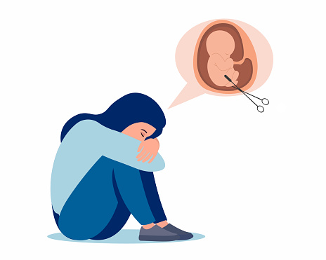 Young woman is sitting on floor and crying Miscarriage abortion loss pregnancy vector illustration