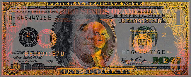 golden textured 1 US dollar banknote on US 100 dollar banknote for design purpose