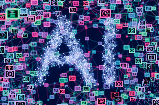 Sparkling 'AI' letters surrounded by a vibrant network of various digital media icons on a complex abstract background. Concept of multitude applications of artificial intelligence. 3d rendering