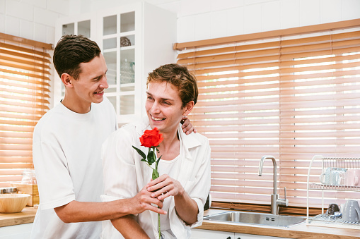 Young gay couple looking at the boyfriend, holding a rose flower behind his back for the surprise at home. LGBT couple surprises boyfriend with a rose bouquet. LGBT couple living together concept