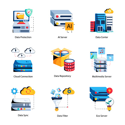 Showcase the means of modern storage operations with our animated data center icons Featuring sleek designs of web hosting, databases, cloud services and virtual servers, thai collection is your go-to toolkit for all things data-related.