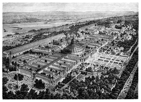 The Industrial Palace and the site of the World Exhibition in Vienna (1873), from a bird's eye view