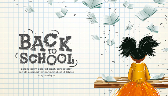 Back to school web banner with school girl with afro puff hair in classroom at lesson, flying books surround, checkered background, vector illustration.