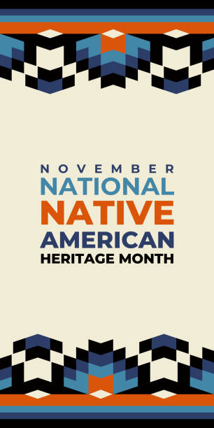 native american heritage month. vector vertical banner, poster, card, content for social media. beige and blue background with native ornament border. - masyarakat adat amerika pribumi ilustrasi stok