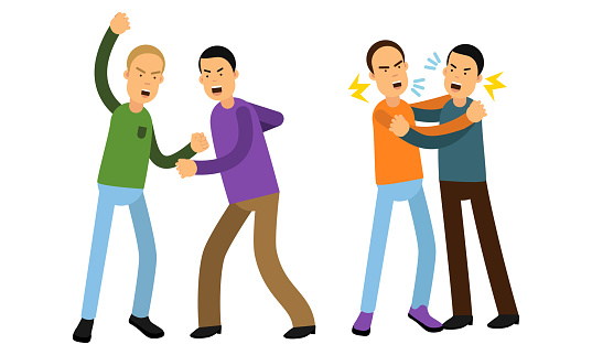 Warring Males Fighting and Yelling at Each Other Vector Illustration Set. Furious Man Quarreling and Beating Each Other Concept