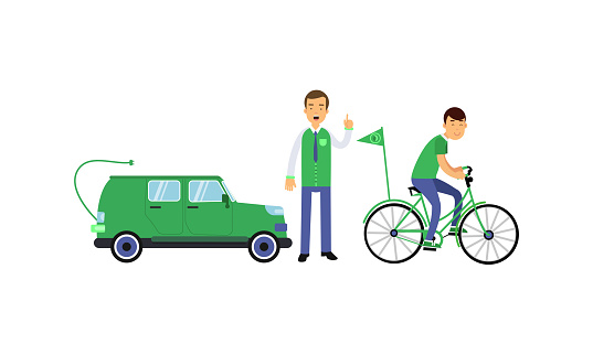 Young Man Contributing into Environment Preservation by Using Eco Friendly Vehicle Vector Illustration Set. Male Using Electromobile and Cycling