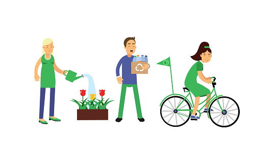 People Characters Contributing into Environment Preservation Vector Illustration Set. Young Man Recycling Plastic Bottles and Woman Cycling