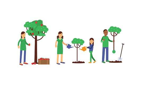 People Characters Contributing into Environment Preservation by Planting Vector Illustration Set. Young Man and Woman Caring about Nature