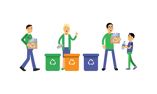People Characters Contributing into Environment Preservation by Recycling and Sorting Trash Vector Illustration Set. Young Male and Female Caring about Nature