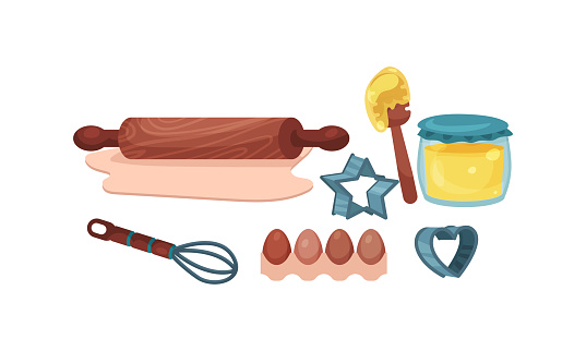 Ingredients and Utensil for Baking with Eggs, Rolling Pin and Honey Vector Set. Cookery and Pastry Preparation Concept