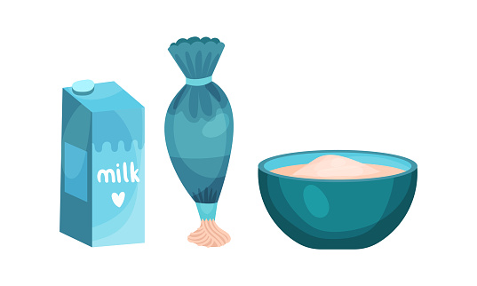 Ingredients and Utensil for Baking with Milk Carton and Pastry Bag Vector Set. Cookery and Pastry Preparation Concept