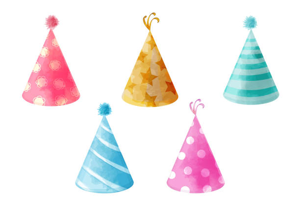 Set of party hats. Set of party hats. Vector funny colorful birthday decorations, set of hats in watercolor style for design and invitations, isolated on white party hat stock illustrations