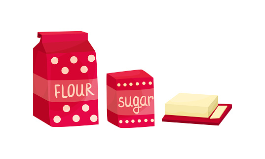 Ingredients for Baking with Flour and Sugar Vector Set. Cookery and Pastry Preparation Concept