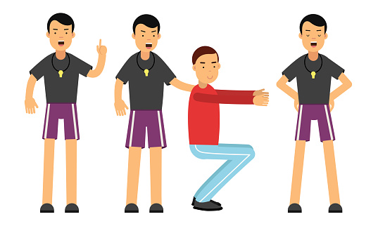 Man Fitness Trainer or oach with Whistle Giving Instructions in Gym Vector Illustration Set. Young Male as Personal Drill Master Concept