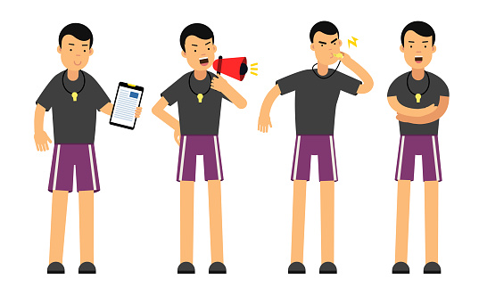 Fitness Trainer or oach with Whistle Giving Instructions in Gym Vector Illustration Set. Young Man as Personal Drill Master Concept