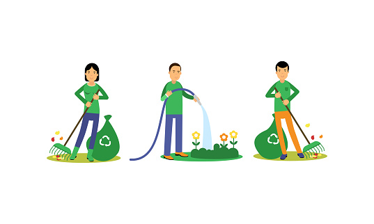 People Characters Contributing into Environment Preservation by Planting Flowers and Garbage Disposal Vector Illustration Set. Young Man and Woman Caring about Nature