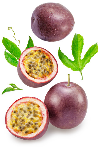 Dark purple passion fruit and it's halves flying in air white background. File contains clipping paths.