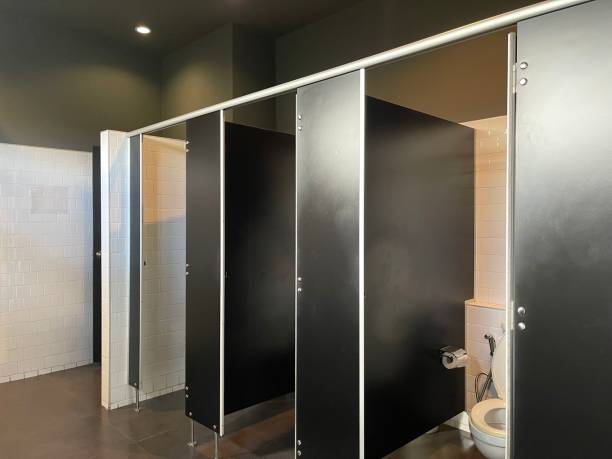 istock Row of public restroom decoration with black colored partition 2149947343