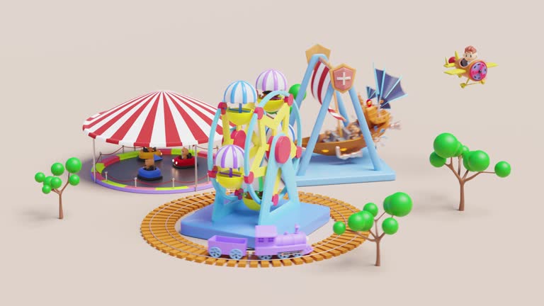 3d amusement park concept with pilot, propeller plane, electric bump car, teddy bear viking ship, locomotive, ferris wheel, landscape isolated on pink background. alpha channel