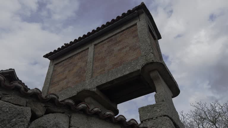 Close Up Of Traditional Galician Granary On A Cloudy Day in Lonoa, Spain